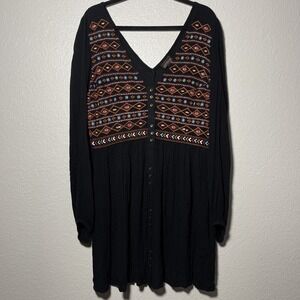 Shyanne Embroidered Crinkle Mini Dress Sz XL Black Boho Western Festival Aztec